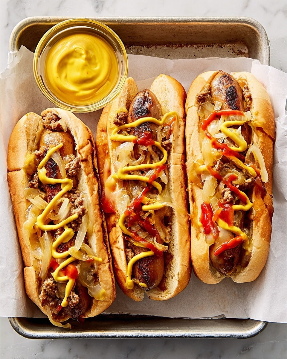 The image shows three hot dogs placed side by side in a metal tray lined with parchment paper. Each hot dog has a soft bun that is golden-brown and slightly toasted. Inside, a browned sausage is topped with a mix of melted cheese, caramelized onions that add a glossy dark brown layer, and thin strips of red bell pepper. Yellow mustard is drizzled over each hot dog in uneven lines, adding bright contrast to the warm colors. The tray is set on a white marbled surface. Photo taken with an iphone --ar 4:5 --v 7
