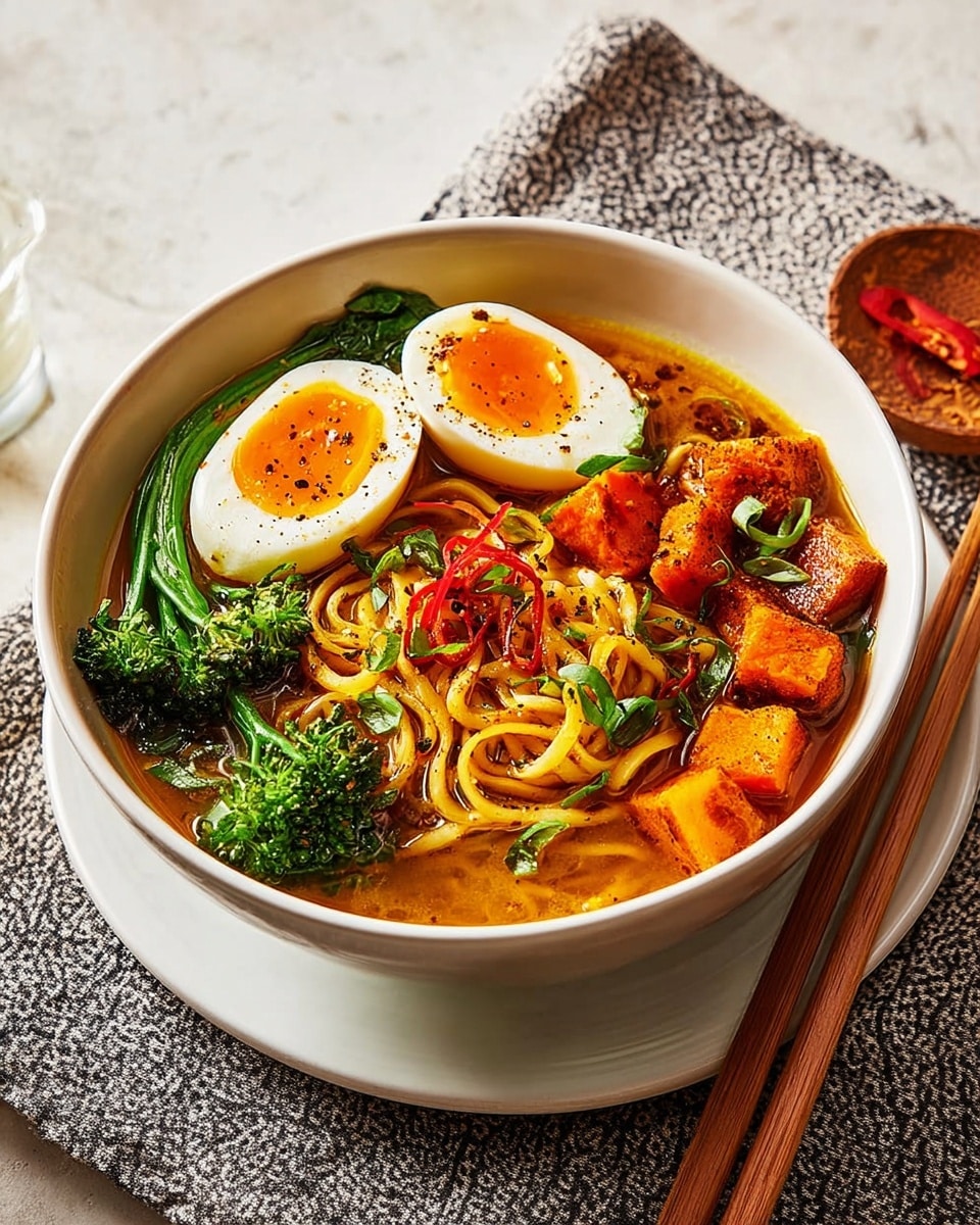 A white bowl filled with a colorful ramen dish sits on a white plate, all placed on a white marbled surface. Inside the bowl, the first layer is light brown broth covering thin noodles at the bottom. On top, there is bright green broccoli on the left side, soft-boiled egg halves with rich orange yolks and black pepper on the top right, and bright orange grilled cubes of sweet potato on the bottom right. Thin slices of red chili are scattered across the eggs and sweet potatoes, adding contrast. A few green herbs are sprinkled lightly on top for garnish. Next to the bowl, a pair of wooden chopsticks lay diagonally across the plate, and a small white dish with green herbs is blurred in the background. Photo taken with an iphone --ar 4:5 --v 7