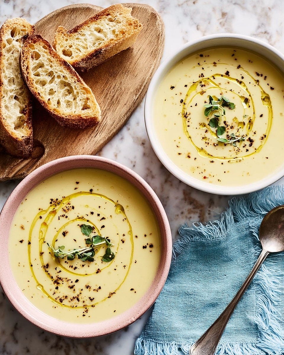 Two bowls of creamy pale yellow soup are shown, each with a swirl of golden olive oil and sprinkled with small green thyme leaves and black pepper on top. The bowl on the left is light pink and the bowl on the right is white, both sitting on a white marbled surface near a soft blue cloth napkin with a silver spoon next to it. At the top left corner, two slices of crusty bread with a golden brown crust and airy, holey texture rest on a wooden board. The image feels warm and inviting. Photo taken with an iphone --ar 4:5 --v 7
