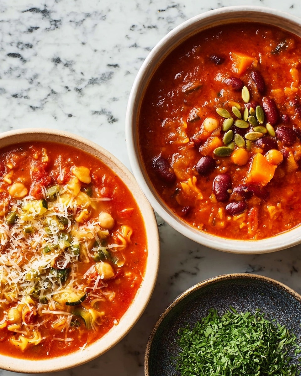 The image shows two bowls of thick, red-orange soup with a rich texture full of beans and small pasta pieces. The top bowl contains a tomato-based soup with soft beans and shredded cheese sprinkled evenly on top, giving it a light, creamy contrast. The bottom bowl, partly visible, holds a chunkier, darker red stew with beans, chunks of vegetables, and pumpkin seeds, topped with fresh chopped herbs for a touch of green. Both bowls have a rustic, speckled white ceramic look. To the left, a small dark plate contains loosely chopped green herbs on a white marbled surface. Photo taken with an iphone --ar 4:5 --v 7