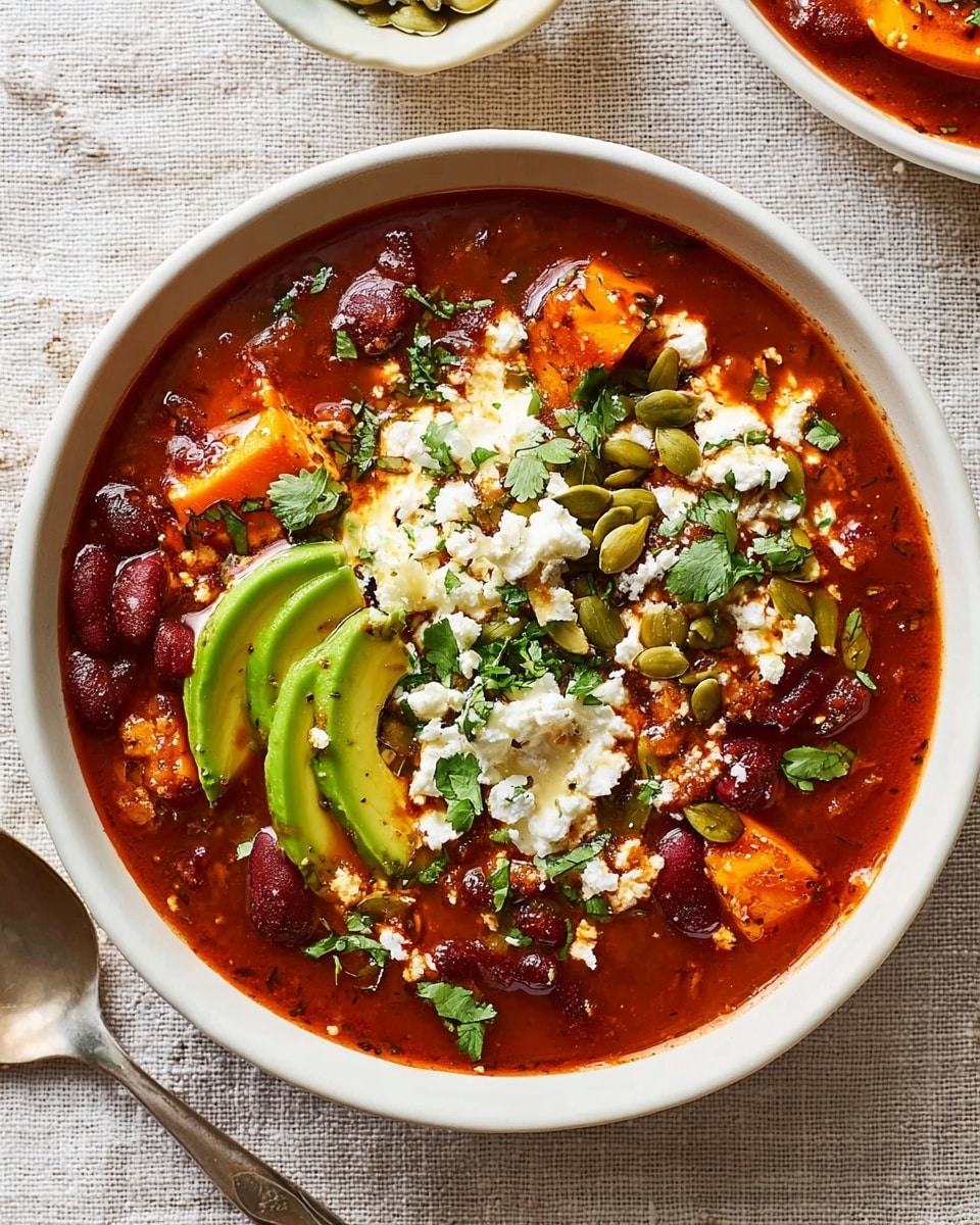 The dish is a bowl filled with a rich, thick, dark red sauce with chunks of black beans and vegetables visible beneath the surface. On top, there are two slices of bright green avocado arranged on one side. Scattered over the dish are small white crumbles of cheese and dark green pumpkin seeds. Fresh chopped green herbs are sprinkled generously across the top, adding a fresh touch. The bowl is white and sits on a white marbled surface. At the side of the bowl, there is a silver spoon partly visible. photo taken with an iphone --ar 4:5 --v 7
