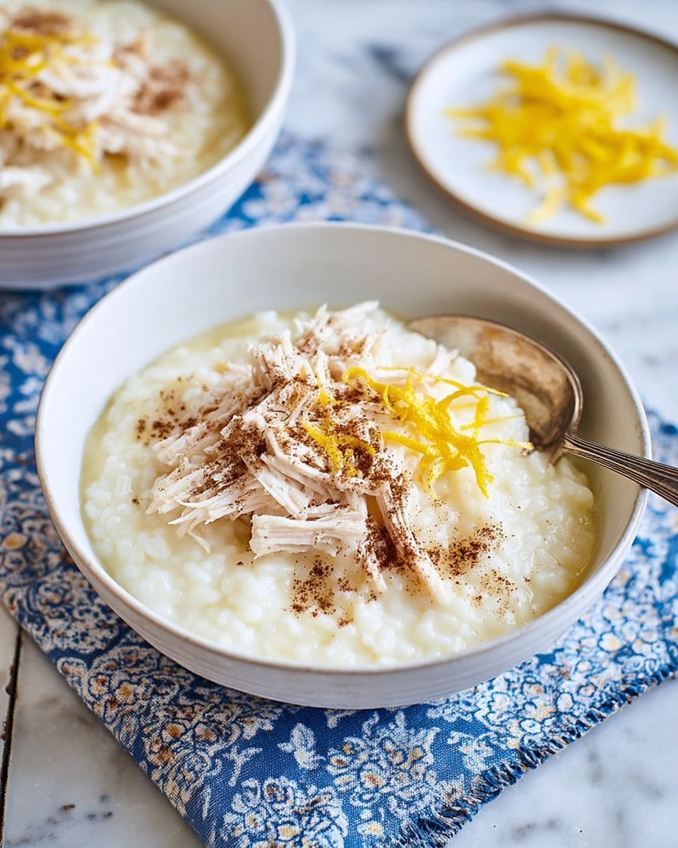 The image shows two white bowls filled with creamy rice porridge. Each bowl has a base layer of thick, soft rice in a light beige broth, topped with tender strips of white chicken placed in the center. There are a few thin yellow lemon peel strips on top of the chicken, along with a light sprinkle of brownish-red spice and a little bit of black pepper. One bowl is in the foreground, with a silver spoon resting inside, while the other is slightly blurred in the background. Nearby, there is a small white plate with extra lemon peel strips on a blue and white patterned cloth, all sitting on a white marbled surface. Photo taken with an iphone --ar 4:5 --v 7