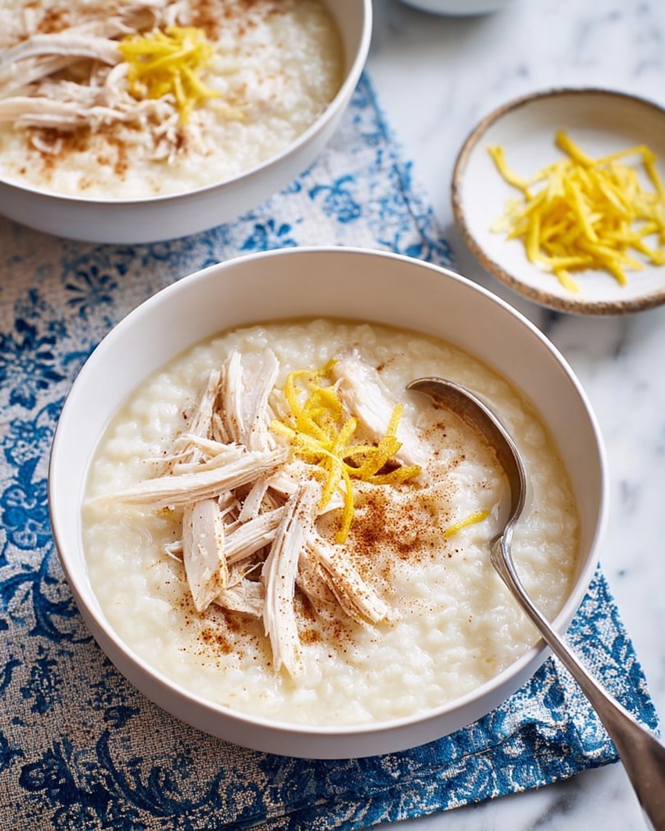 The image shows two white bowls filled with a creamy, slightly thick rice porridge base that is pale off-white in color. Each bowl has shredded white chicken layered on top, sprinkled with a light dusting of brown spice and black pepper flakes, and garnished with thin yellow strips of lemon zest. A silver spoon lies inside the front bowl, resting on the rim with its handle extending outwards. Next to the front bowl is a small white dish holding extra lemon zest strips, placed on a blue and white floral-patterned cloth napkin. The background surface is a light wooden texture, and an additional spoon is blurred in the back. photo taken with an iphone --ar 4:5 --v 7