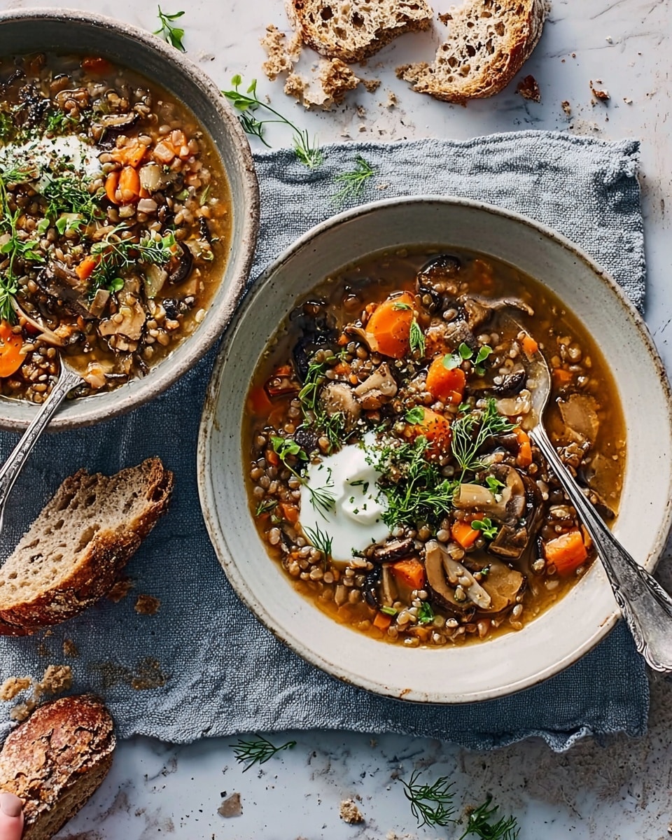 Two white bowls filled with a chunky soup, each bowl showing about three layers: a clear brown broth base, topped with a mix of small diced orange carrots, mushrooms in light and dark brown shades, and small beige pearl barley, garnished with bright green dill sprigs. One bowl has a dollop of white cream on top, and both have silver spoons inside resting on the rim. The bowls sit on a light grey piece of cloth on a white marbled surface. To the side, there are two pieces of crusty brown bread with a rough texture. Photo taken with an iphone --ar 4:5 --v 7