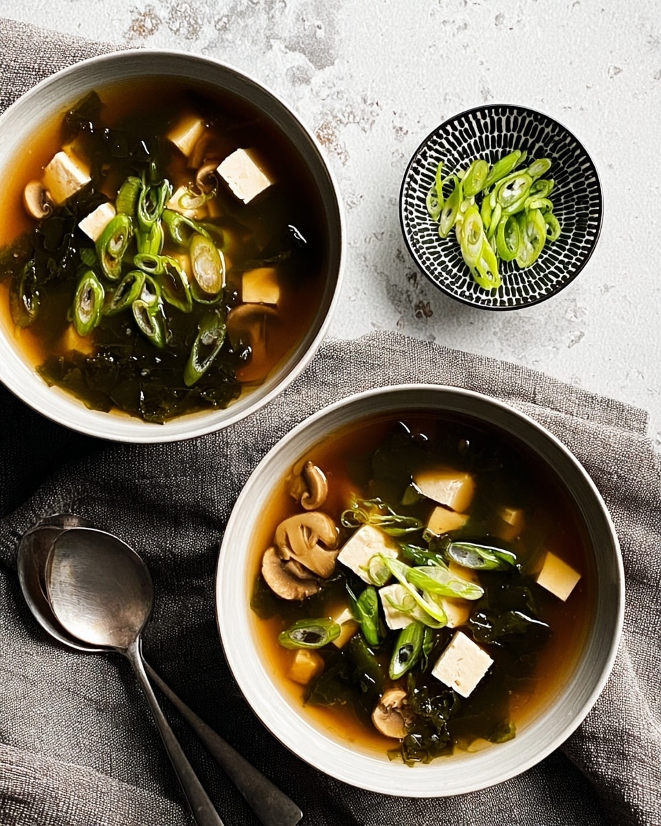 Two white bowls filled with light brown miso soup sit on a white marbled surface, each soup showing small cubes of tofu, dark green seaweed, and thin green slices of scallion floating on top. A small black bowl with white lines contains more sliced scallions placed between the two soup bowls. Two silver spoons rest near the bowls, one on a folded gray cloth and the other directly on the surface. The scene is simple with a soft light highlighting the textures of the soup ingredients. photo taken with an iphone --ar 4:5 --v 7
