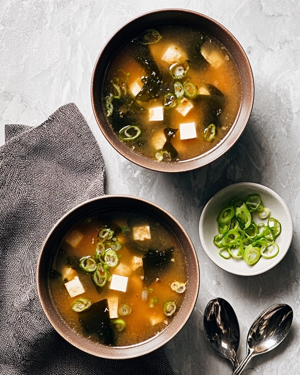Two brown bowls filled with clear brown soup sit on a white marbled surface. The soup has pieces of green onion, dark green seaweed, and white tofu cubes floating on the top layer. Near the bowls is a small black and white striped bowl filled with extra sliced green onions. A woman's hand holds a silver spoon next to one bowl, and another silver spoon rests near the other bowl on a gray cloth. Photo taken with an iphone --ar 4:5 --v 7