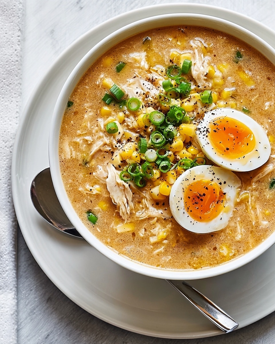 The image shows a white bowl filled with thick soup, placed on a white plate with a slight lip, both sitting on a white marbled surface with a soft textured cloth underneath. The soup has a warm beige color with visible corn kernels and shredded chicken mixed throughout. On top are two halves of a soft-boiled egg, with bright orange yolks and firm whites, sprinkled with black pepper. Chopped green onions are scattered over the soup for a fresh green contrast. A metal spoon rests on the right side of the plate, partially touching the bowl. Photo taken with an iphone --ar 4:5 --v 7