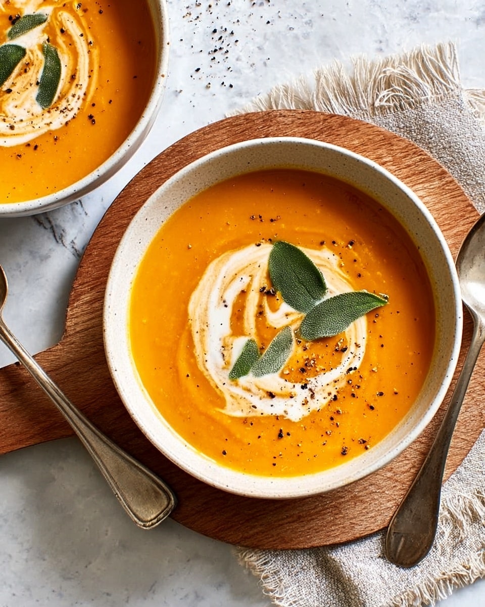 A white bowl filled with smooth, bright orange soup sits on a light brown wooden board placed over a white marbled surface. The soup has a swirl of white cream on top, with two green leaves gently placed in the center. Small black pepper specks are sprinkled over the soup, adding contrast. To the left side, a silver spoon rests near the bowl and a part of another white bowl with the same soup is visible. A beige cloth napkin is folded beside the bowl on the board. photo taken with an iphone --ar 4:5 --v 7