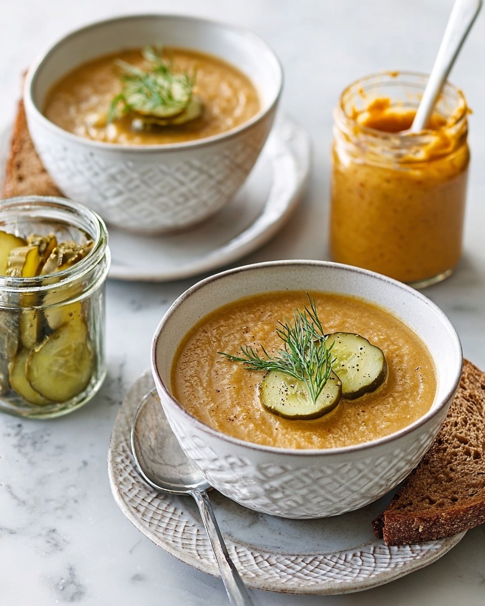 The image shows two white bowls filled with a creamy light brown soup, each topped with a swirled drizzle of cream, crinkle-cut pickle slices, and small green herb sprigs. Both bowls sit on a white marbled surface. One bowl sits on a matching white plate with a silver spoon next to it, and a piece of brown bread rests near the spoon. Nearby, there is a small glass jar filled with a chunky orange sauce with a white spoon inside it, and another jar with similar pickles is placed in the background. The scene is softly lit, giving a fresh and inviting feel. photo taken with an iphone --ar 4:5 --v 7