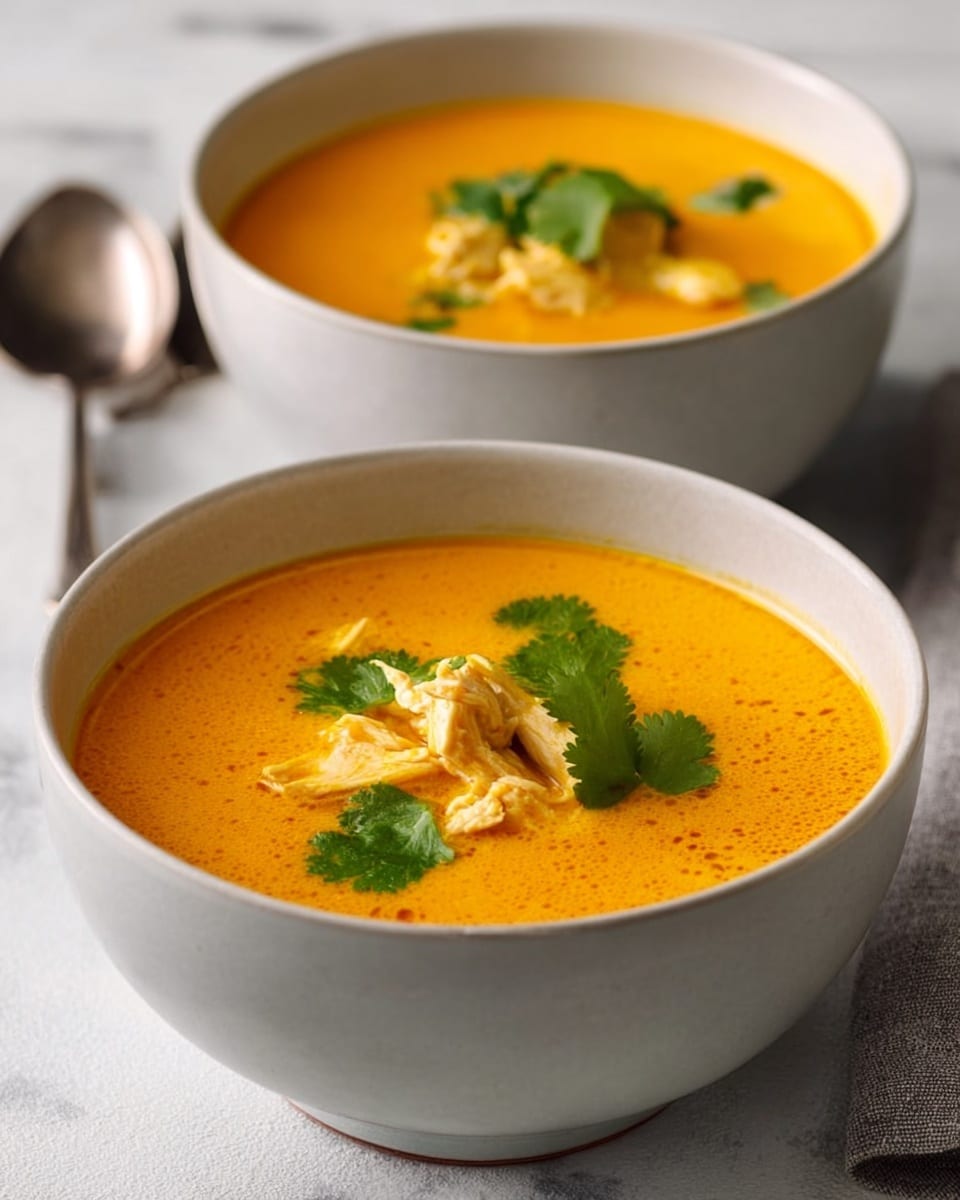 Two bowls of bright orange soup sit on a white marbled surface. Each white bowl has a smooth, glossy finish and contains a thick, creamy soup with a vibrant orange color. On the top layer of the soup, there are small pieces of chicken and fresh green coriander leaves, adding texture and color contrast. The scene shows one bowl clearly in front and the other blurred in the background. Both bowls are round with a subtle shine, and a metal spoon rests near the back bowl. photo taken with an iphone --ar 4:5 --v 7