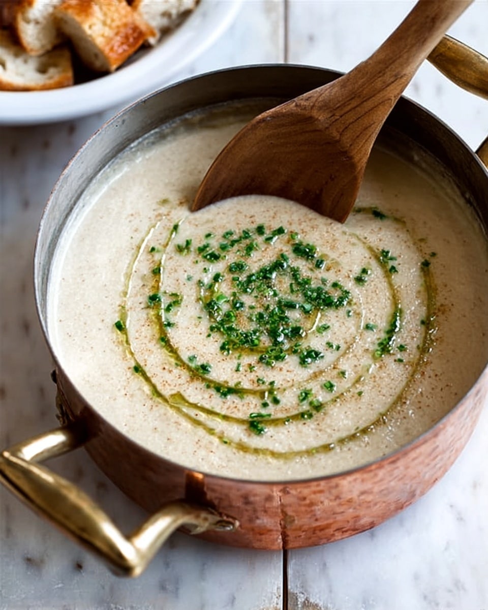 A copper pot filled with a creamy beige soup that has a smooth texture, topped with a swirl of olive oil and small bits of green herbs sprinkled evenly on the surface. A wooden spoon rests on the pot’s edge. In the blurred background, there is a white bowl with pieces of bread. The pot is placed on a white marbled surface. photo taken with an iphone --ar 4:5 --v 7