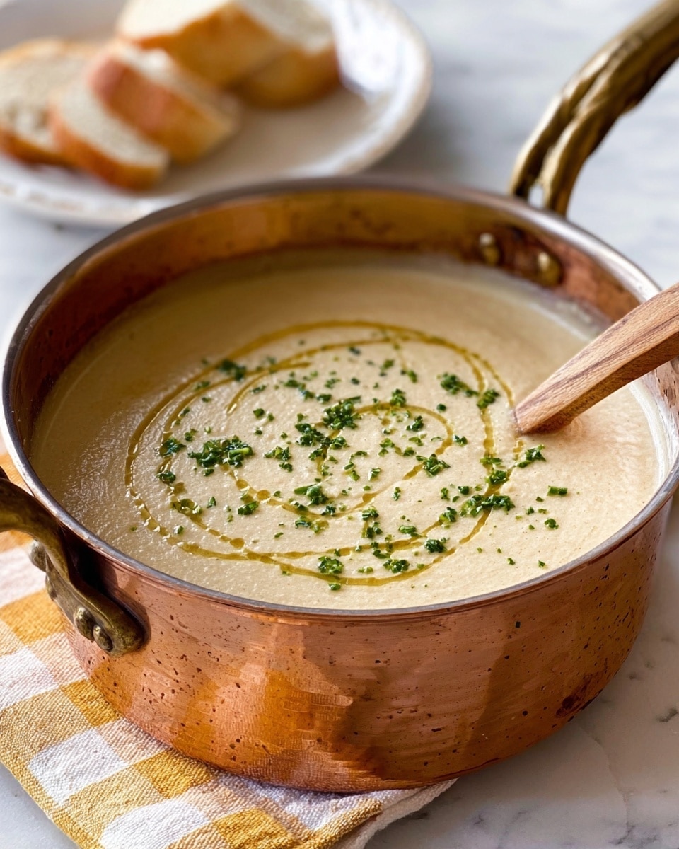 A shiny copper pot filled with creamy light beige soup sits on a white marbled surface. The soup is smooth with a thin swirl of green oil drizzled on top and small finely chopped green herbs sprinkled over it. A wooden spoon rests on the pot’s edge. In the blurred background, there is a white bowl with bread pieces on a yellow and white checkered cloth. Photo taken with an iphone --ar 4:5 --v 7