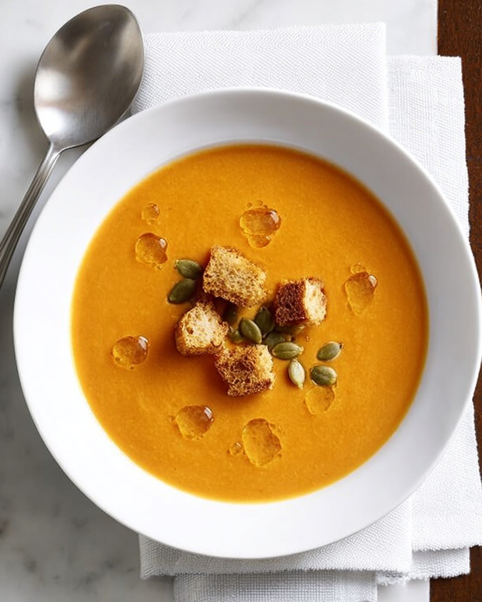 A white bowl filled with smooth, thick orange soup. On top, there are small golden brown croutons scattered in the center along with a few green pumpkin seeds. Small drops of oil are spread lightly over the surface. The bowl is placed on a white napkin with a silver spoon resting nearby. The background is a white marbled texture. photo taken with an iphone --ar 4:5 --v 7