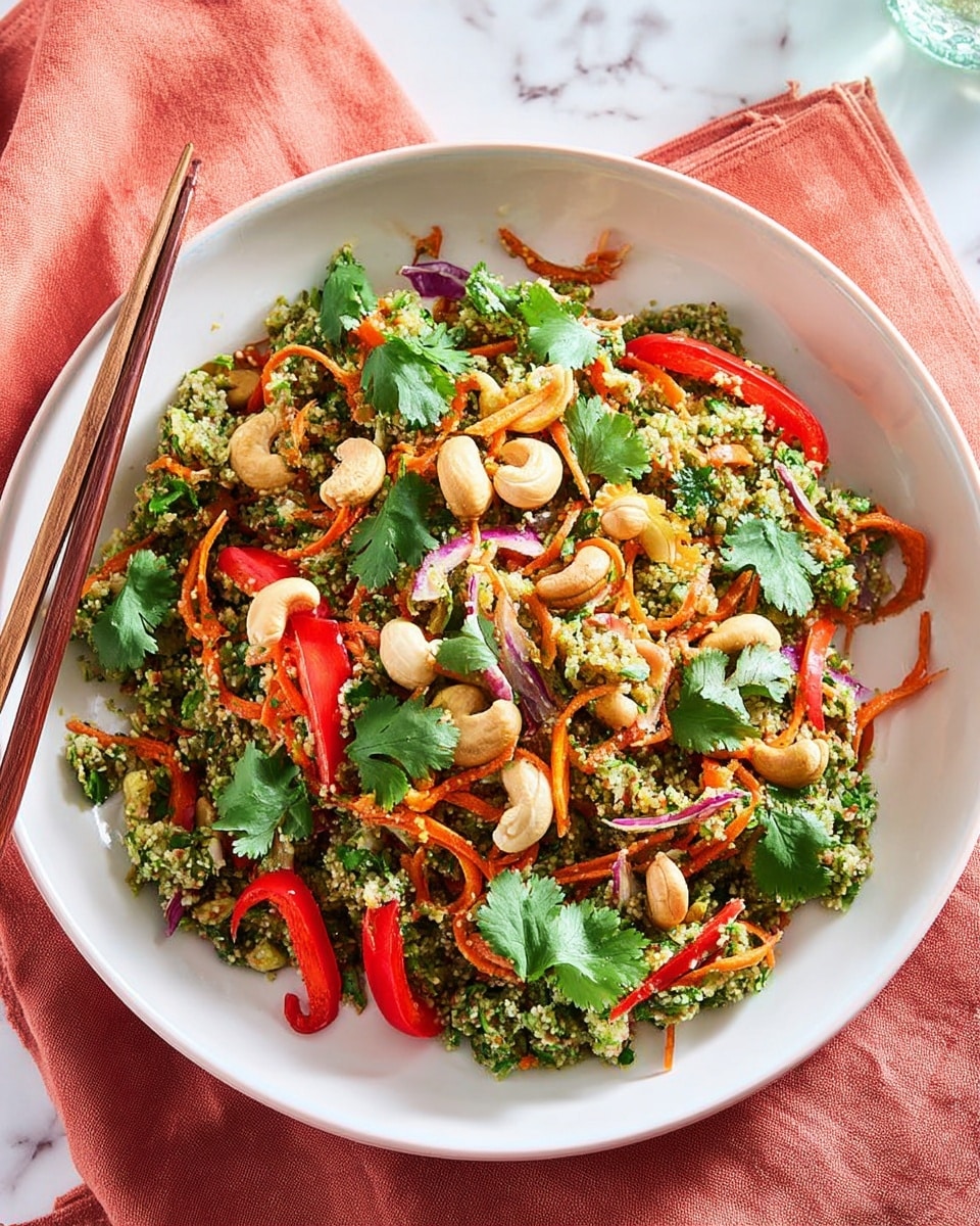 A white shallow bowl filled with a colorful, textured salad mainly made of finely chopped green broccoli or herbs mixed with thin, curly orange carrot strips and sliced red bell peppers. The salad includes light purple onion slices and is garnished with bright green cilantro leaves, red chili slices, and scattered whole and halved light tan cashews. The bowl sits on a matching white plate on top of a white marbled surface. Next to the bowl are chopsticks with beige and turquoise handles, and to the right is a coral red cloth napkin. photo taken with an iphone --ar 4:5 --v 7