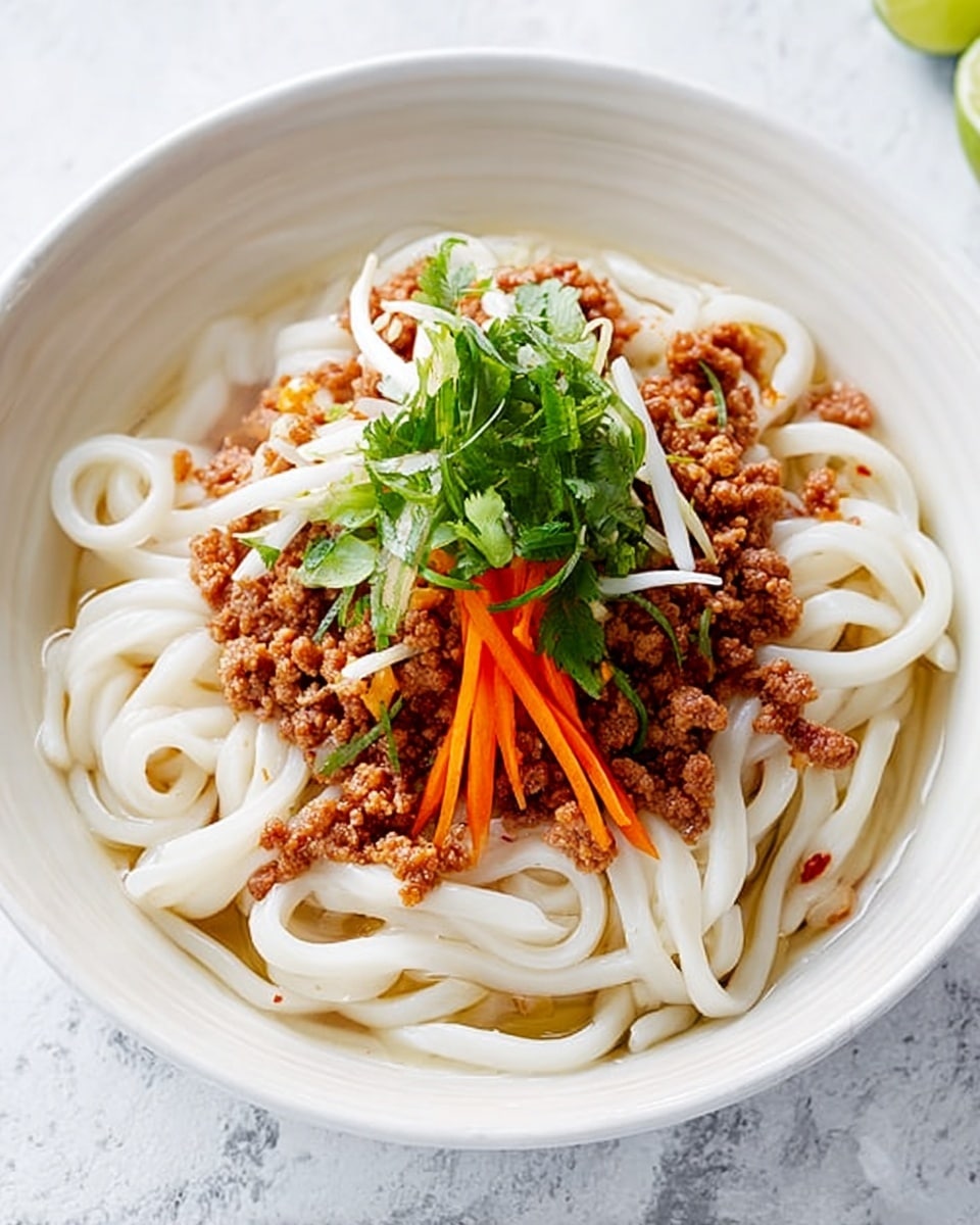 A white bowl holds a dish with three main layers visible. The bottom layer consists of thick, white noodles piled loosely in the bowl. On top of the noodles is a layer of browned minced meat, cooked and slightly crumbly in texture. The final top layer includes thin strips of fresh vegetables, mainly bright orange carrots and white sliced vegetables, garnished with chopped green herbs scattered over the dish. The bowl sits on a white marbled surface next to a wedge of lime. Photo taken with an iphone --ar 4:5 --v 7