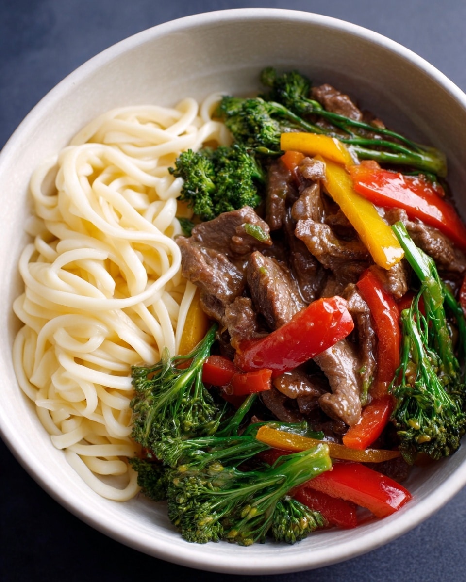 A white bowl with a red inside holds a dish with two sections: on one side, light, thin noodles arranged in loose loops, and on the other side, a mix of beef slices and bright vegetables including green broccoli, red and yellow bell pepper pieces. The beef is brown and glossy with sauce, while the vegetables have a fresh and crisp texture. This bowl is placed on a white marbled surface. photo taken with an iphone --ar 4:5 --v 7