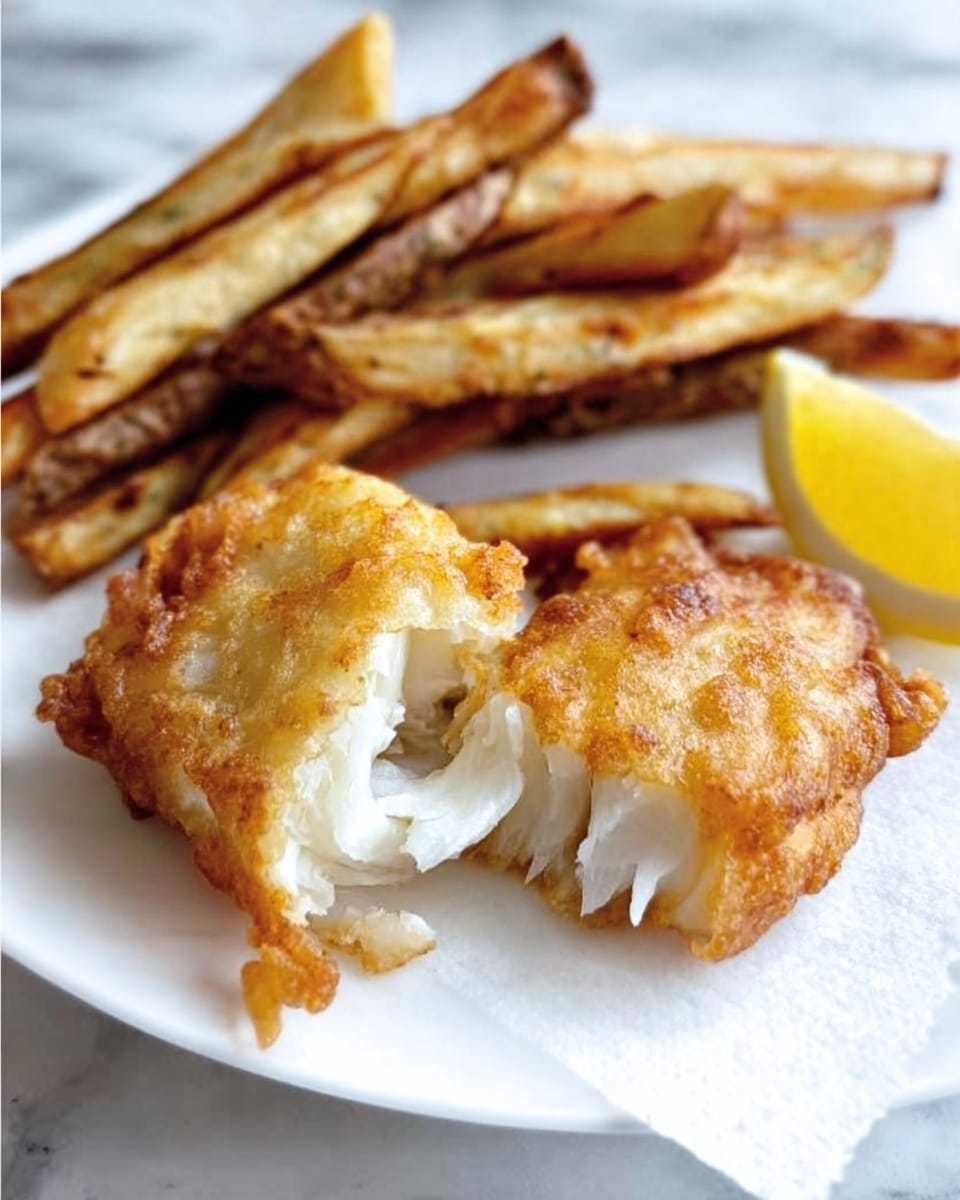 The image shows a white plate on a white marbled surface holding a piece of golden brown fried fish broken open to reveal white, flaky inside, next to thick, crispy baked potato wedges with browned edges; a small yellow lemon wedge is placed near the bottom right corner of the plate. Photo taken with an iphone --ar 4:5 --v 7