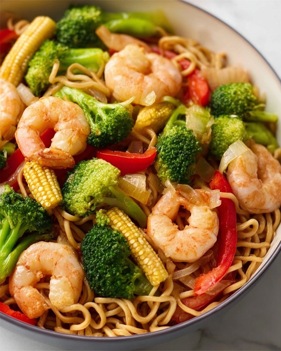 A close-up view of a white bowl full of stir-fried noodles mixed with bright green broccoli florets, light yellow baby corn, plump pink shrimp, and small diced red bell peppers. The noodles are golden brown and twisted throughout the dish, creating a layered texture that blends well with the vegetables and shrimp. The bowl sits on a white marbled surface, highlighting the fresh and colorful ingredients. Photo taken with an iphone --ar 4:5 --v 7
