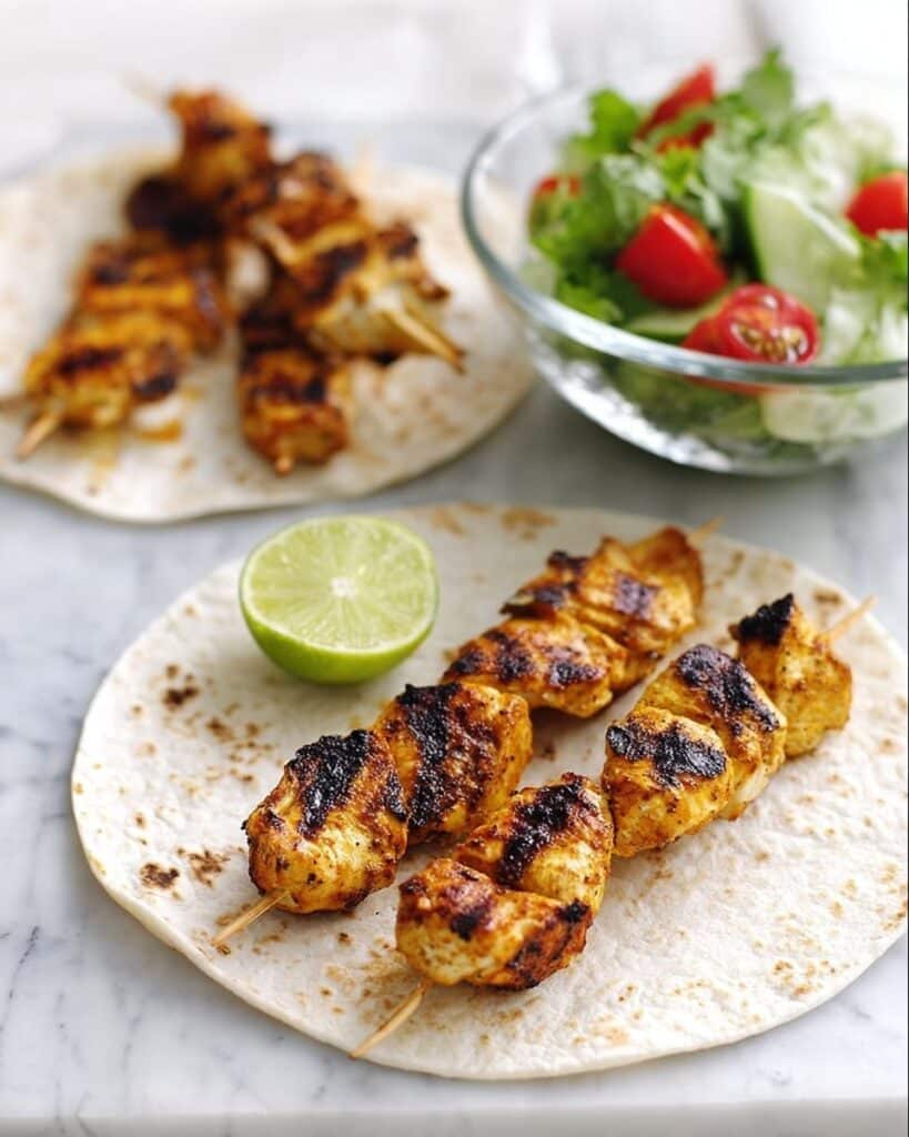 Chicken Masala Skewers with Fresh Salad and Wholemeal Chapatis Recipe