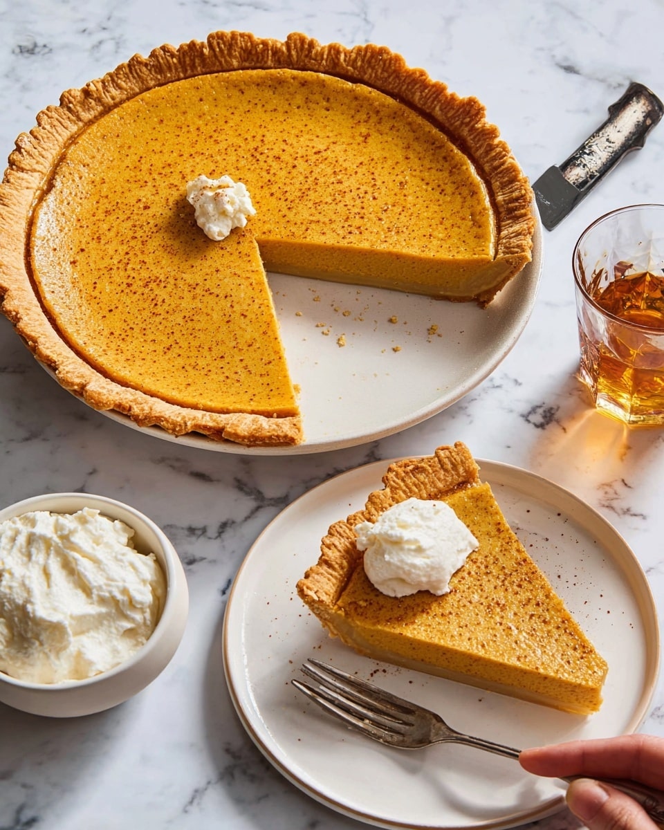 The image shows a whole pumpkin pie on a white plate with two slices cut out, revealing a smooth, bright orange filling with specks on top and a light golden crust that is firm and neatly crimped around the edge. One slice is laid on the plate next to the pie, and another slice is on a smaller white plate in the background. The slice on the smaller plate is topped with a dollop of white whipped cream, with a silver fork holding a bite resting on the plate. There is a small white bowl with more whipped cream and a spoon beside the plates, all placed on a white marbled surface. A transparent amber glass and a mustard yellow cloth napkin also appear near the plates. photo taken with an iphone --ar 4:5 --v 7