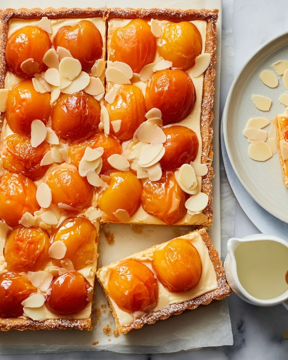 A rectangular apricot tart with a golden, flaky crust evenly frames the dessert. The top layer has a glossy, caramelized finish with whole and halved apricot halves arranged in neat rows, showing vibrant orange and reddish tones. Below the apricots, a smooth, creamy custard layer is visible, speckled with thin almond slices scattered across the surface. The tart is sliced into smaller squares, some slightly separated to show the soft, custard interior and flaky crust edges. The tart is set on a clean white plate, placed on a white marbled surface with a small white pitcher of cream nearby, crumbs scattered around photo taken with an iphone --ar 4:5 --v 7