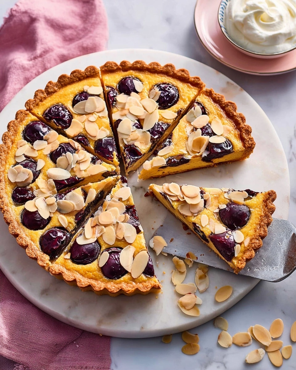 A round tart cut into five slices sits on a white marbled plate, showing a golden-brown top layer dotted with dark, baked cherries and scattered light brown almond slices. The tart crust is thick and darker brown, wrapping around a vibrant yellow almond filling with a juicy berry layer visible below it. A slice is lifted slightly by a silver spatula from the bottom right, revealing the tart’s layers clearly. To the left, a white bowl with creamy whipped topping and a spoon rests, and in the upper right, a plain white plate holds one slice of tart. The setting is on a white marbled surface with a soft red cloth underneath part of the plate photo taken with an iphone --ar 4:5 --v 7