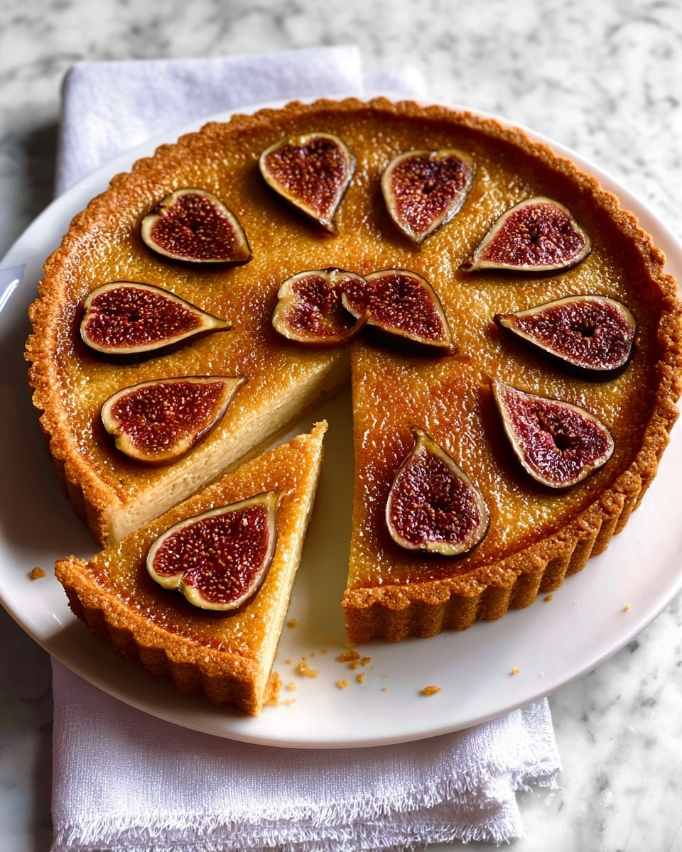 A round tart with a golden-brown crust and a smooth, shiny, amber-baked surface topped with nine halved figs placed evenly in a circle and in the center, each fig showing a deep reddish-purple color with small seeds visible inside. One slice is cut out, revealing a light yellow, dense, and moist inner layer beneath the crisp crust. The tart rests on a large white plate, placed on a white marbled textured surface, with a white cloth next to it. Photo taken with an iphone --ar 4:5 --v 7