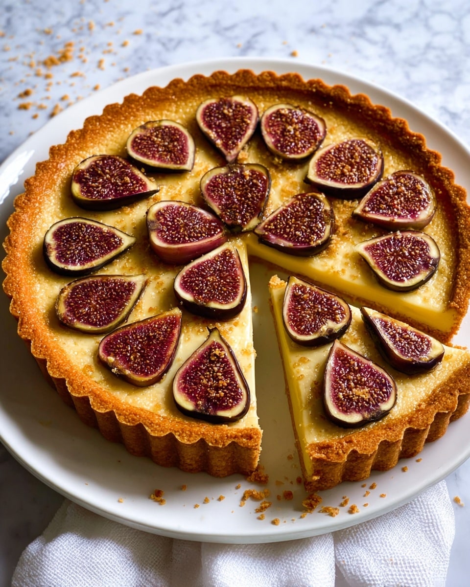 A round tart with a golden-brown crust and a smooth, shiny, light brown baked filling, topped with eight evenly spaced sliced figs that show a deep red, slightly caramelized color with tiny seeds visible inside. One slice is cut out from the tart, revealing a moist, soft interior beneath the golden top layer. The tart sits on a white plate on a white marbled surface with a white cloth napkin partly visible on the side. Photo taken with an iphone --ar 4:5 --v 7