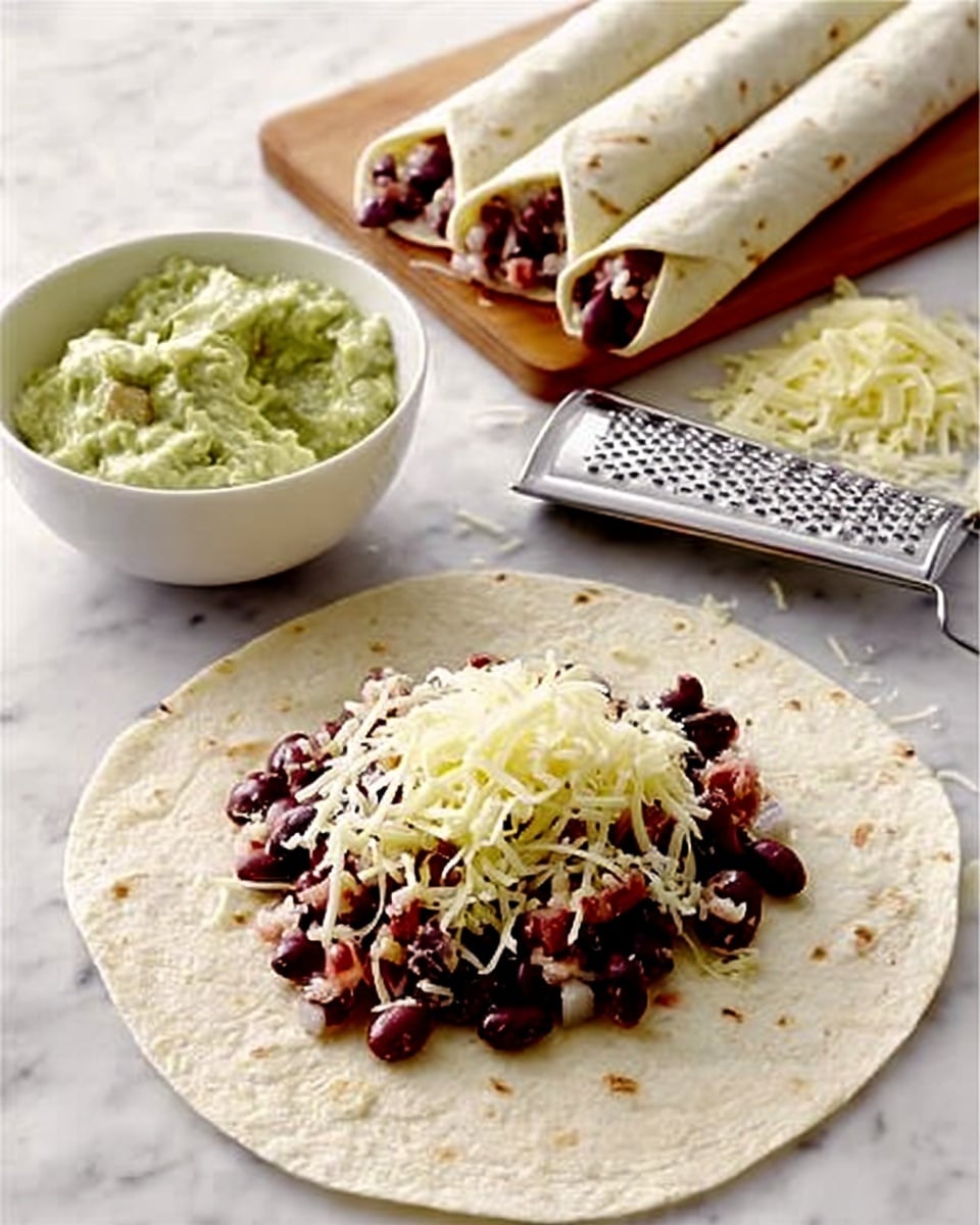 The image shows two soft tortillas with one lying flat and the other two rolled in a white bowl, all placed on a white marbled surface. The flat tortilla is topped with a layer of dark red kidney beans mixed with a few small bits of vegetables, covered by a thin layer of finely shredded pale yellow cheese. Next to the tortillas is a silver metal grater with some shredded cheese on it and a small white bowl filled with light green guacamole. The overall setting looks simple and fresh. Photo taken with an iphone --ar 4:5 --v 7