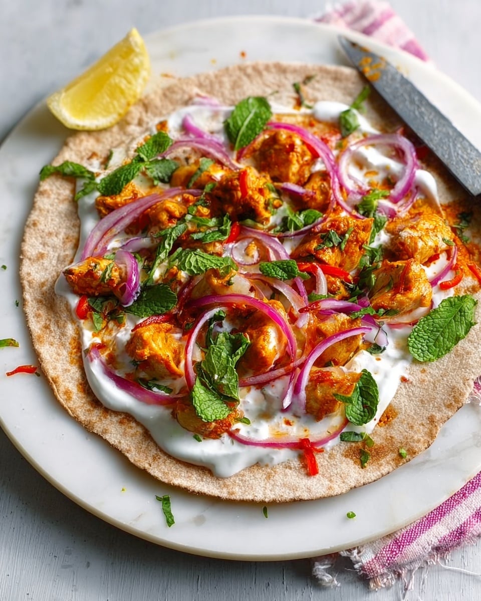 A white flatbread is laid out flat with a creamy white sauce spread unevenly over it. On top of the sauce, there are orange-colored cooked chicken pieces coated in a spicy-looking sauce piled in the center. Thin slices of red onion and small green mint leaves are scattered over the chicken. There are also some red chili slices and a small drizzle of orange sauce. On the side of the flatbread, a lemon wedge is placed. The dish is set on a piece of brown paper over a white marbled surface, with a knife handle resting in the background. Photo taken with an iphone --ar 4:5 --v 7