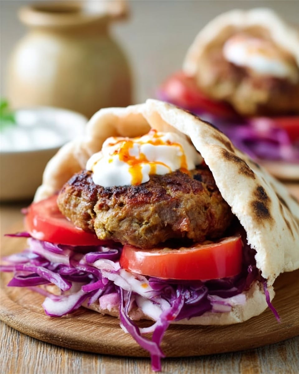 A pita bread pocket filled with several layers: the bottom layer has thin purple cabbage slices and thin red onion rings, followed by two slices of fresh red tomato, topped with a thick, browned grilled meat patty. On top of the meat, there is a dollop of white sauce with some yellow and red sauce drizzled over it. The pita is slightly open, showing all the ingredients inside, placed on a white marbled surface. In the background, there is another similar pita sandwich slightly out of focus. Photo taken with an iphone --ar 4:5 --v 7