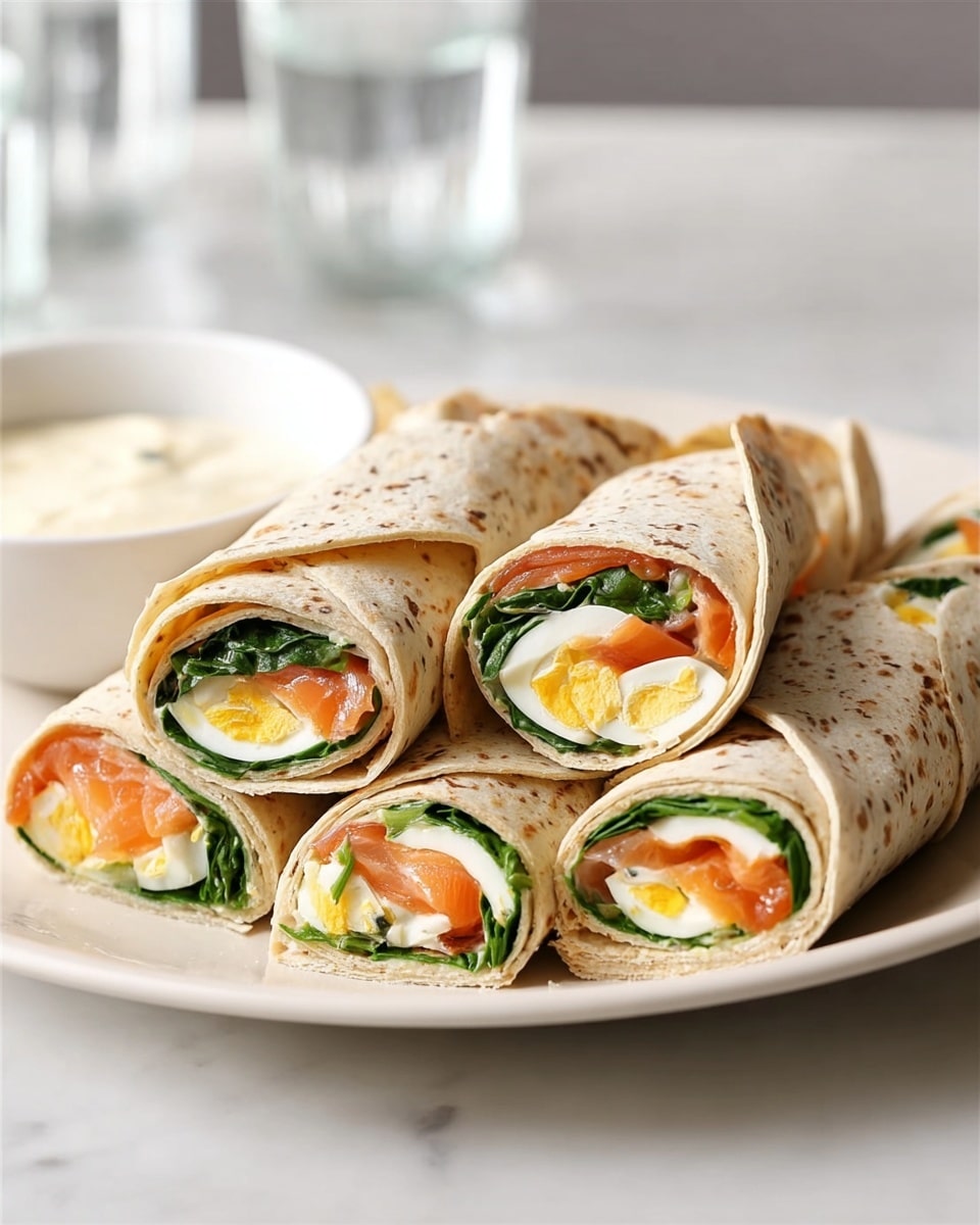 A white round plate on a white marbled surface holds six tortilla wraps cut in half, showing three visible layers inside each. The outer layer is a soft, white tortilla with brown sesame seeds. Inside, there is a bright green leafy layer of spinach or lettuce, a middle layer of orange smoked salmon, and a yellow and white boiled egg slice as the innermost layer. In the background, there is a small white bowl of cream or sauce. The overall look is fresh and colorful with the wraps stacked casually. Photo taken with an iphone --ar 4:5 --v 7