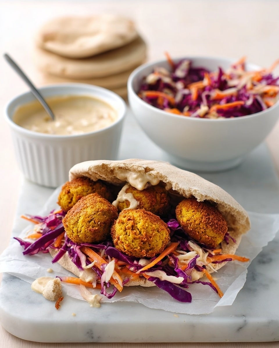 A white pita pocket filled with four golden-brown falafel balls, resting on a bed of shredded red and white cabbage and orange carrots, mixing crunchy and soft textures. The pita is slightly open, showing the vibrant, colorful vegetable slaw inside. Behind the pita, there is a white bowl filled with the same shredded vegetable slaw and a white bowl with a creamy beige sauce, with a silver spoon inside. The setup is on a white marbled surface with some folded beige cloths in the background. photo taken with an iphone --ar 4:5 --v 7
