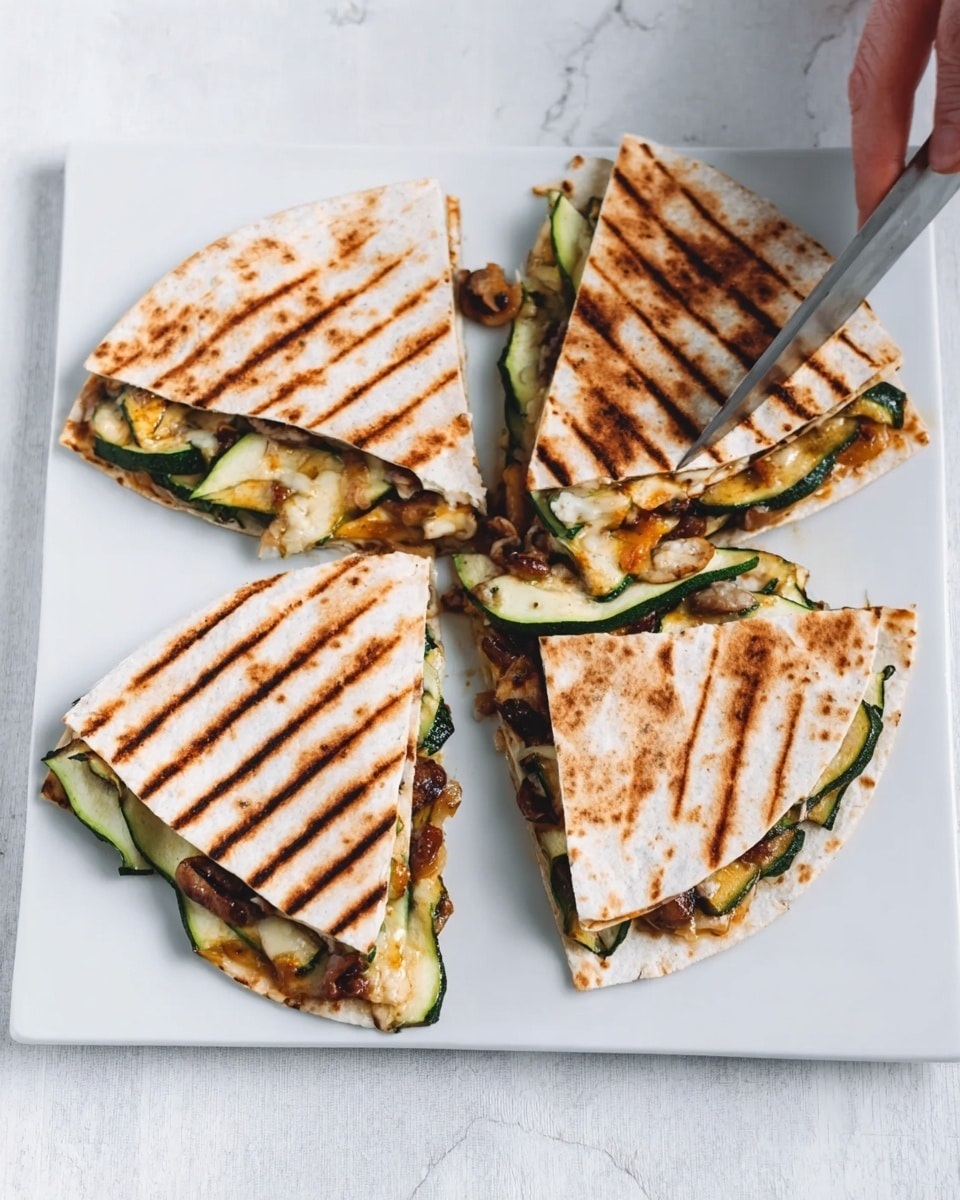 The image shows four grilled quesadilla pieces placed on a white square plate over a white marbled surface. Each quesadilla piece is made of a lightly charred tortilla with visible brown grill marks. The quesadilla layers reveal a filling of green zucchini slices, melted cheese with a slightly golden texture, and some light brown beans or nuts scattered inside. The quesadilla pieces are cut into triangular shapes and arranged casually on the plate. A metal spatula is partially visible at the top right corner of the plate. photo taken with an iphone --ar 4:5 --v 7