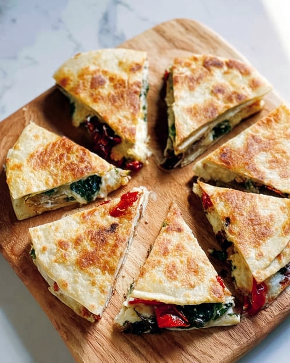 The image shows six triangular pieces of stuffed flatbread arranged in a circular shape on a brown wooden board, placed on a white marbled surface. Each flatbread piece has a golden, slightly crispy outer layer with some darker toasted spots, giving a warm texture. Inside, the layers include melted white cheese, wilted green leafy vegetables, and small chunks of red sun-dried tomatoes, all peeking out unevenly from the edges. The filling looks soft and gooey with the vegetables adding a bright green contrast and the sun-dried tomatoes adding a deep red color. photo taken with an iphone --ar 4:5 --v 7
