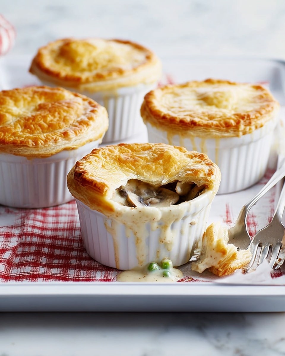 Four white ceramic ramekins with golden brown puff pastry crusts are arranged closely on a white tray with slight signs of use; one ramekin in the front has a piece of crust broken open, showing creamy white filling with pieces of vegetables and meat inside. A silver fork stuck into the open ramekin lifts a bite of filling, with sauce dripping down the side, on a white marbled surface beneath the tray and a red and white checkered cloth. photo taken with an iphone --ar 4:5 --v 7
