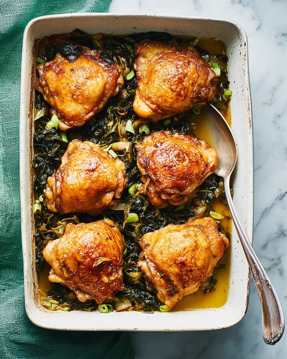 The image shows a white rectangular baking dish filled with six pieces of cooked chicken thighs, arranged in two rows of three. The chicken has a golden-brown crispy skin with a slightly shiny texture, sitting on a layer of cooked dark green leafy vegetables mixed with some small pieces of light green onions. There is a small amount of light yellowish broth around the chicken and vegetables. A silver fork is placed inside the dish on the right side, resting on the food. The dish is on a white marbled surface with a green cloth on the left edge. photo taken with an iphone --ar 4:5 --v 7