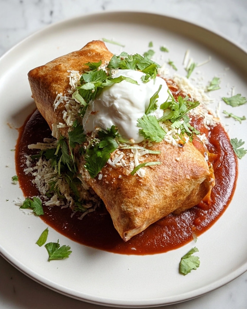 A golden-brown burrito is placed in the center of a white plate with a smooth, round shape. Below the burrito is a spread of dark red sauce that forms a circular base and slightly shows behind the burrito edges. On top of the burrito, there is a scoop of creamy white sour cream with some finely shredded cheese sprinkled over it. Fresh green cilantro leaves are scattered over the sour cream and around the red sauce, adding a fresh touch of color. The plate rests on a white marbled surface. photo taken with an iphone --ar 4:5 --v 7