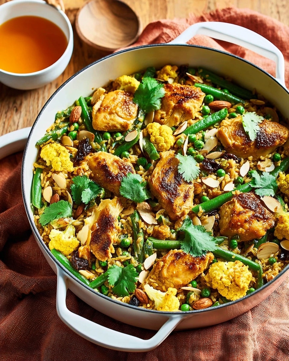 A white round pot filled with a mixed rice dish showing about four layers: golden brown cooked rice as the base, scattered bright green peas and green beans adding a fresh texture, golden brown cooked chicken pieces placed evenly across, and light yellow cauliflower florets spread on top; some whole almonds and fresh green cilantro leaves are sprinkled for garnish, while a cinnamon stick is visible in the rice. The pot is on a light brown cloth over a white marbled surface with a white bowl partially seen on the right and a small white dish containing orange sauce on the lower right. Photo taken with an iphone --ar 4:5 --v 7