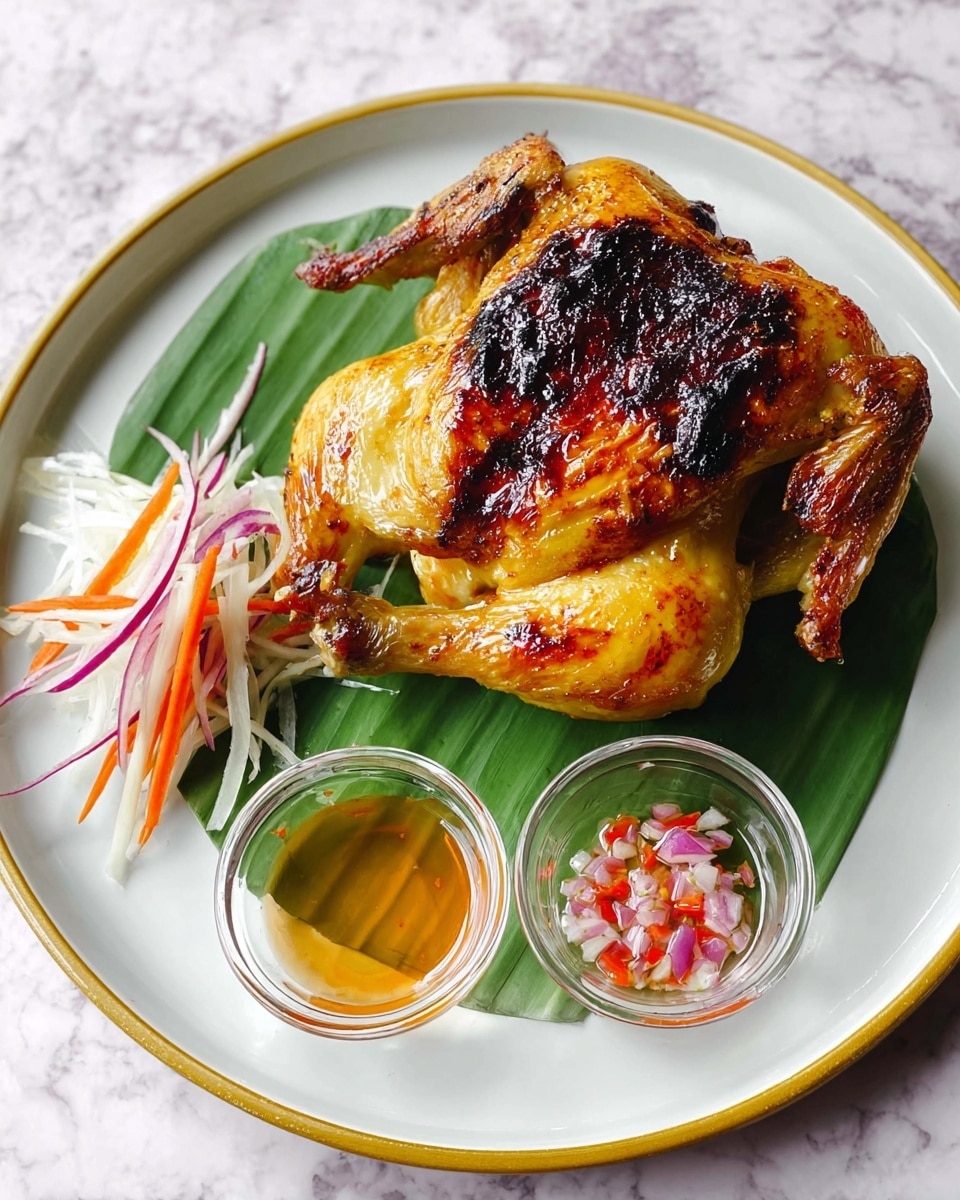 A whole grilled chicken with a crispy, golden-brown skin and a darker charred spot in the middle rests on a green leaf placed on a white plate with a thin yellow rim. To the left of the chicken, there is a small pile of thinly sliced vegetables including white, orange, and red strips arranged neatly on the green leaf. In front of the chicken, two small clear glass bowls contain dipping sauces; the left bowl holds a light golden-brown sauce, while the right bowl contains a translucent sauce with visible bits of red and purple chopped vegetables. The plate is set on a white marbled surface. photo taken with an iphone --ar 4:5 --v 7