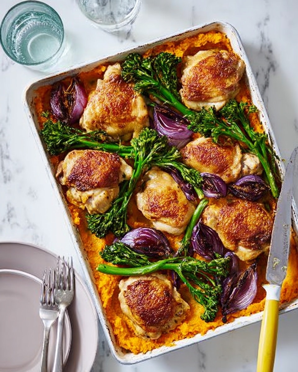 The image shows a metal tray with seven golden-brown cooked chicken thighs arranged on top of a layer of mashed orange sweet potatoes. There are pieces of roasted purple onion and bright green broccolini scattered evenly around the chicken. A large silver serving spoon with a yellow and white handle rests on the edge of the tray. The tray is placed on a white marbled surface, next to a clear glass and silver fork and knife. Photo taken with an iphone --ar 4:5 --v 7