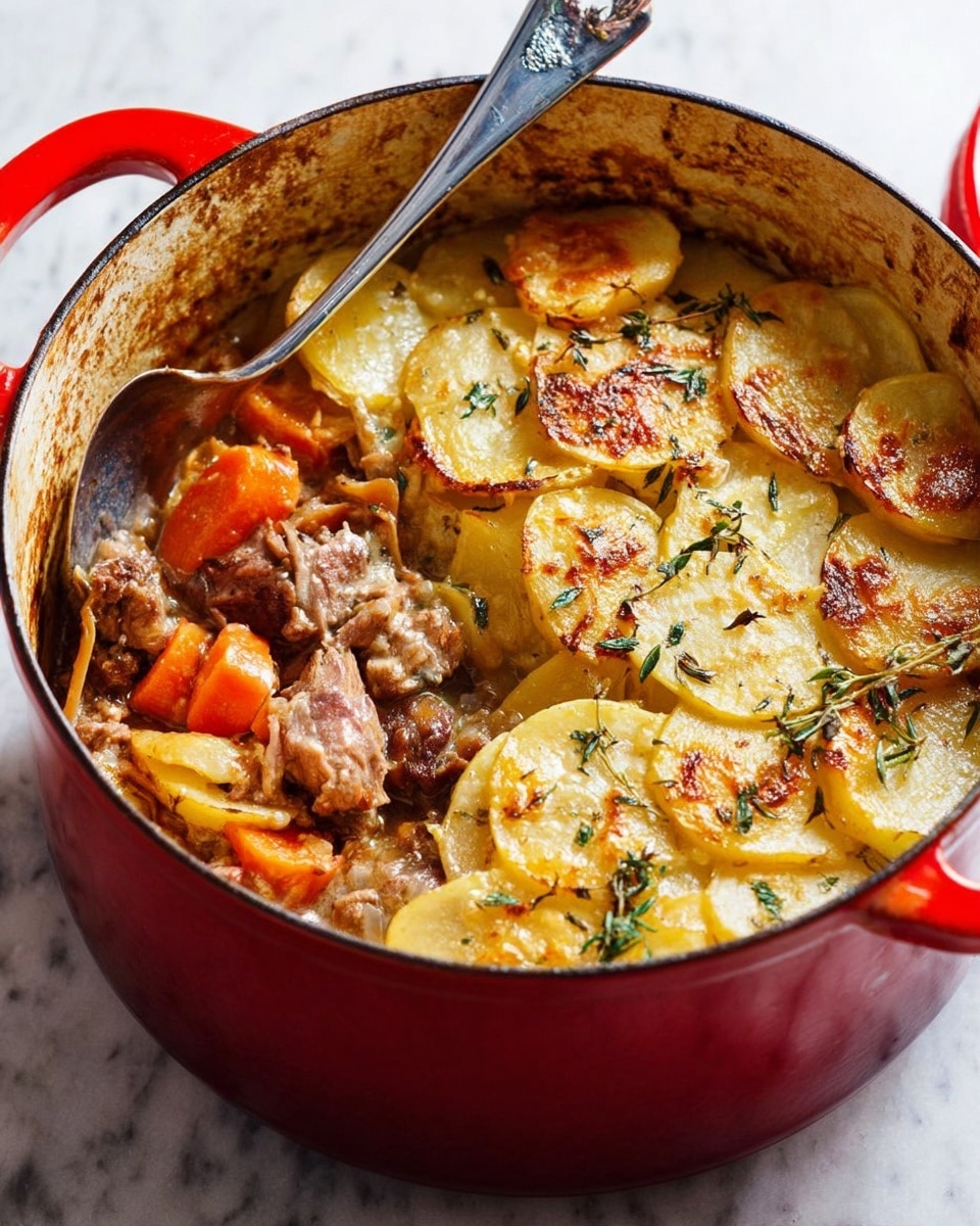 In a large white round pot with red handles, there is a layered dish. The top layer shows golden brown, slightly crispy thin potato slices, arranged in a neat overlapping pattern, with small bits of herbs scattered on top. Below the potato topping, chunks of cooked meat and soft orange vegetables in a light sauce or broth are visible on one side where a spoon is lifting some out. The inside of the pot has a rustic look with slight browning marks near the edges. The pot rests on a white marbled surface. photo taken with an iphone --ar 4:5 --v 7