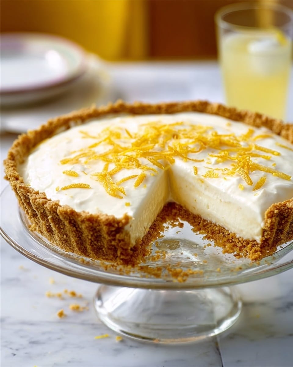 The image shows a pie with a crumbly, golden brown crust that is thick and textured, sitting on a clear glass stand over a white marbled surface. The pie has a smooth, creamy white filling layer that looks soft and slightly shiny, topped with thin, scattered strands of orange zest. A slice is missing from the pie, revealing the crust and filling thickness. The background is blurred with warm tones, and there is a clear glass with a yellow drink nearby. photo taken with an iphone --ar 4:5 --v 7