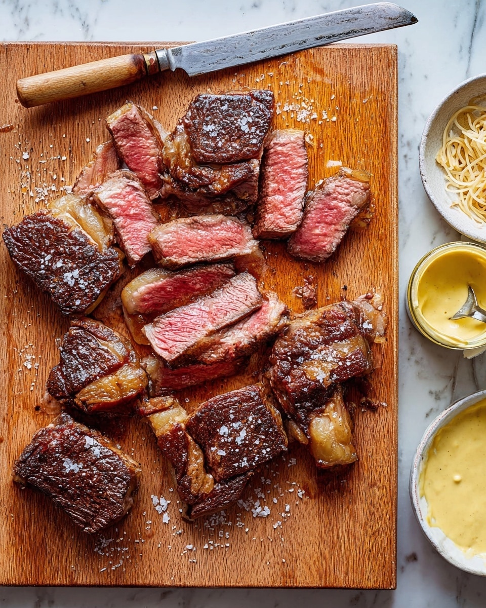 A wooden cutting board holds about ten slices of cooked steak with a dark brown, slightly crispy outside and a pinkish-red inside, showing they are cooked medium rare. Some slices have thick white fat on the edges. Coarse salt is sprinkled on the steak, adding a rough texture. A silver-handled knife with a wooden handle rests on the top left of the board. To the bottom right, there is a small white bowl filled with a creamy light yellow sauce, with a silver spoon inside it. Next to this bowl is a small jar of mustard, and part of a white bowl with shredded food is visible on the far right. The board and items are set on a white marbled surface. Photo taken with an iphone --ar 4:5 --v 7