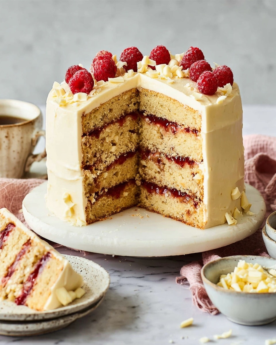 A three-layer cake stands on a white cake stand over a white marbled surface. Each layer is a light brown sponge with a visible texture, separated by thin layers of deep red jam. The cake is covered with smooth, creamy light yellow frosting, which is slightly translucent on the sides, showing the sponge and jam inside. On top, there are bright red raspberries and white chocolate curls scattered. Some crumbs and white chocolate curls are around the base of the cake stand. The background is a soft, blurred white marbled texture. photo taken with an iphone --ar 4:5 --v 7