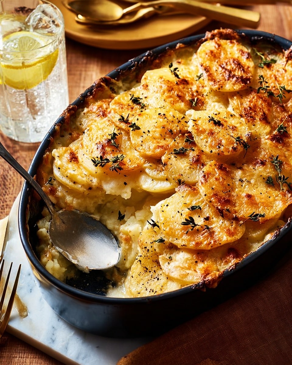 A black oval baking dish filled with a creamy potato gratin, showing three visible layers: the bottom layer with thick slices of cooked potato in white sauce, the middle layer with more soft potato slices in light yellow cheese sauce, and the top layer with golden browned cheese melting and bubbling, with crispy, toasted spots and small sprigs of fresh thyme scattered on top. A silver spoon is resting inside the dish. The dish is placed on a white marbled surface, next to a folded brown cloth napkin, a gold fork and knife set, and a clear glass of water with ice and a lemon slice. Photo taken with an iphone --ar 4:5 --v 7
