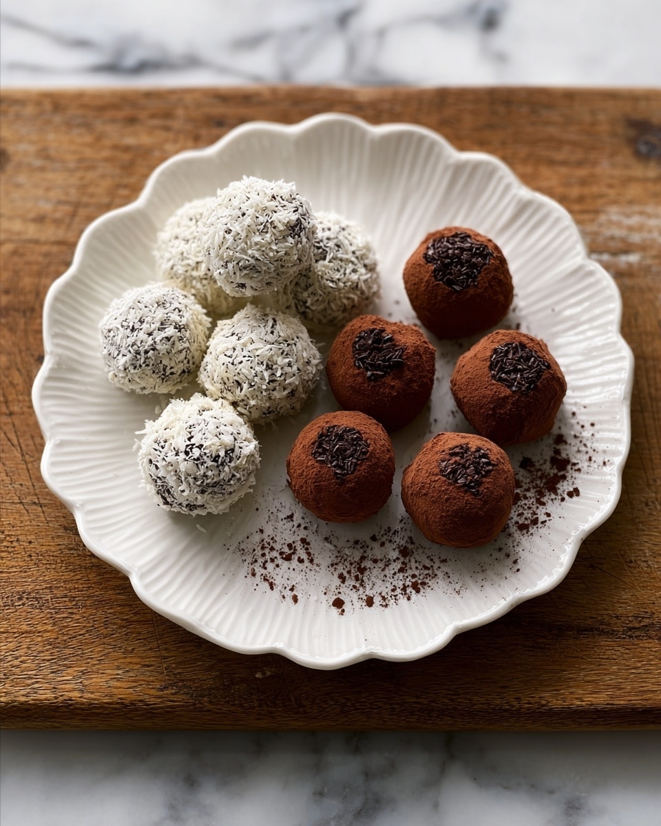 A white, scalloped plate holds two groups of round truffles. One group has six truffles coated with white coconut flakes, showing a textured, rough surface. The other group has six truffles covered in smooth, dark brown cocoa powder, with a velvety look. They are arranged side by side on the plate, which is on a wooden board resting on a white marbled surface. Photo taken with an iphone --ar 4:5 --v 7