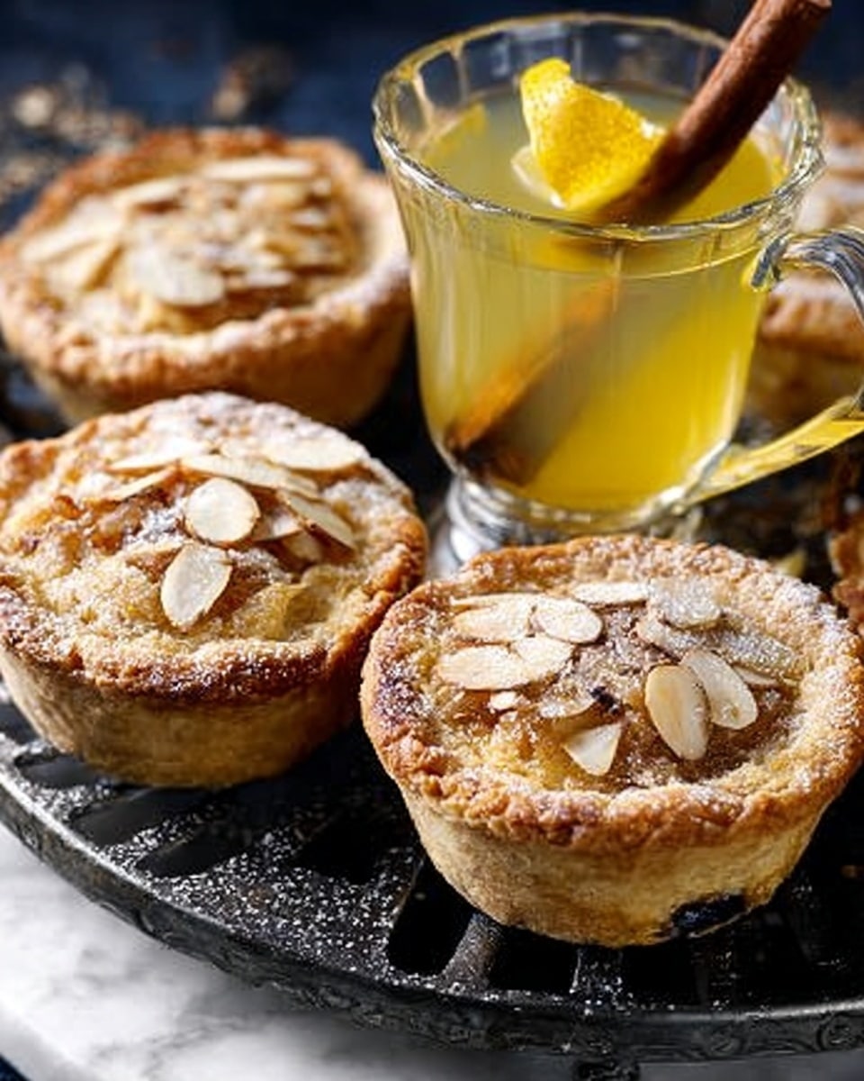 The image shows four small round tarts with light golden brown crusts, topped with sliced almonds that add a pale beige, slightly toasted layer on top. The tarts have a rough textured surface, with some darker spots indicating baked fruit or filling beneath the crust. They sit on a black metal holder with many openings underneath, placed on a white marbled surface. In front of the tarts, there is a clear glass cup filled with warm yellow drink, garnished with a large yellow lemon piece and a dark brown cinnamon stick inside, adding a cozy, spiced look. The photo taken with an iphone --ar 4:5 --v 7