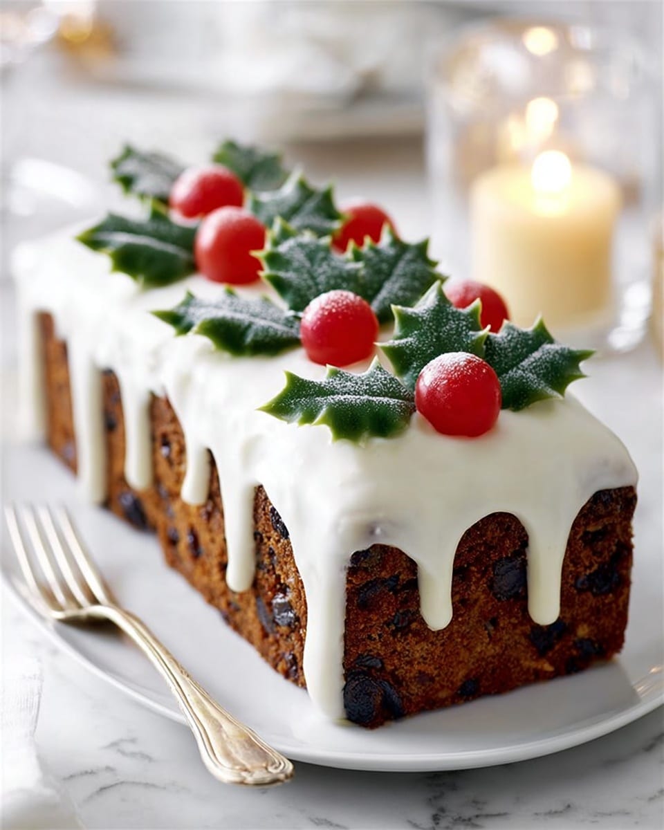 A rectangular fruitcake with a dark brown base full of small, textured bits of dried fruit. The cake is topped with a thick, smooth layer of white icing that drips slightly over the sides. On top, there are bright red round cherries evenly spaced along the cake’s length, paired with shiny green holly leaves with pointed edges, creating a festive look. The cake sits on a white plate on a white marbled surface, next to a lit candle in a glass holder and a fork. Photo taken with an iphone --ar 4:5 --v 7