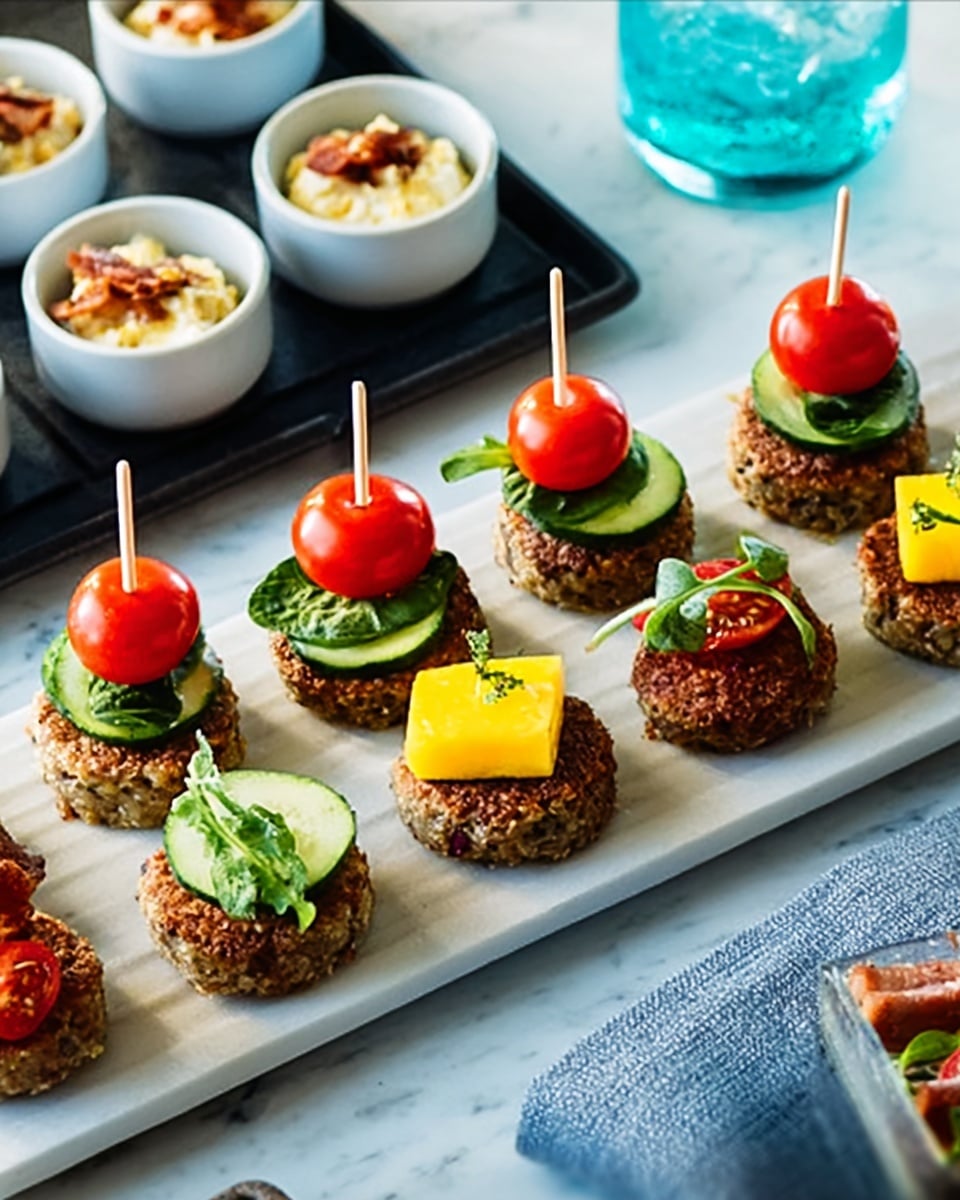 The image shows a long white plate with nine small round patties arranged in three rows. Each patty has a golden-brown, slightly crispy texture. Six patties are topped with a green leafy layer, a slice of red cherry tomato, and secured with a toothpick. The other three patties are each topped with a green cucumber slice and a yellow mango wedge, also held by a toothpick. In the top left corner, you can see part of a black plate with small white rounds topped with a creamy sauce and bits of bacon. To the right, there is a glass with a light green drink and a blue cloth napkin resting on a white marbled surface. A woman's hand is reaching from the right side, holding a black utensil. photo taken with an iphone --ar 4:5 --v 7